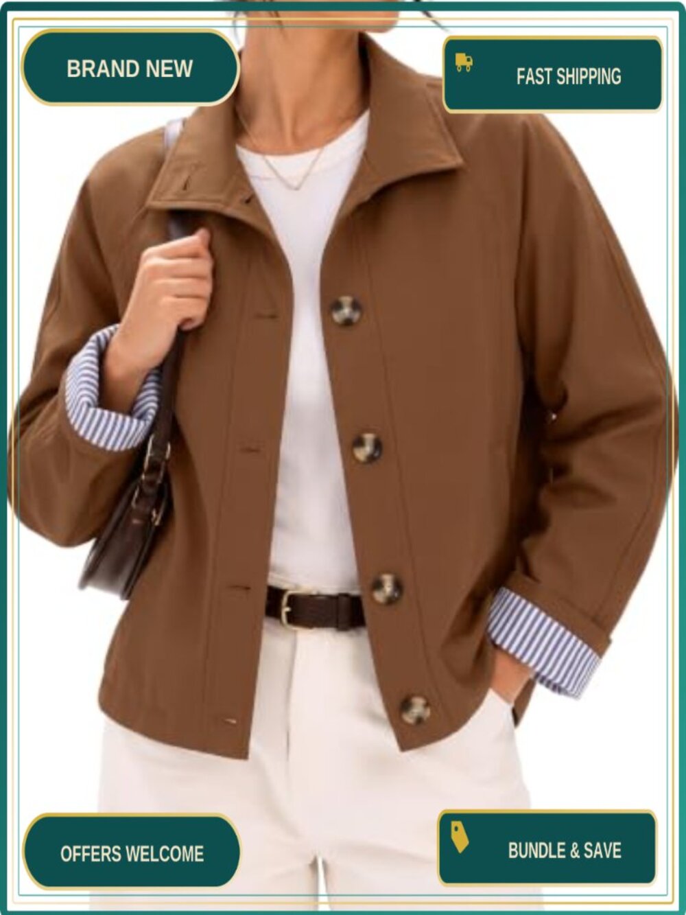 Cropped Trench Coat Relaxed Fit Striped Lining Casual Jacket